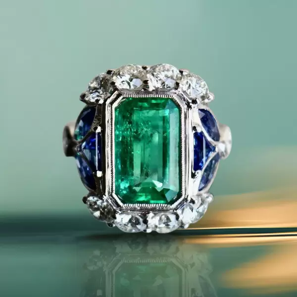 5.3ct Emerald Cut Emerald Halo Vintage Engagement Ring