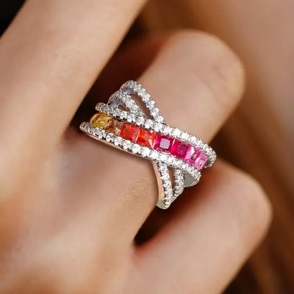 Pincess Cut Multicolor Sapphire Rainbow Cocktail Ring