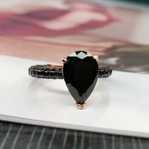 3ct Pear Cut Black Sapphire Three Sided Band Engagement Ring