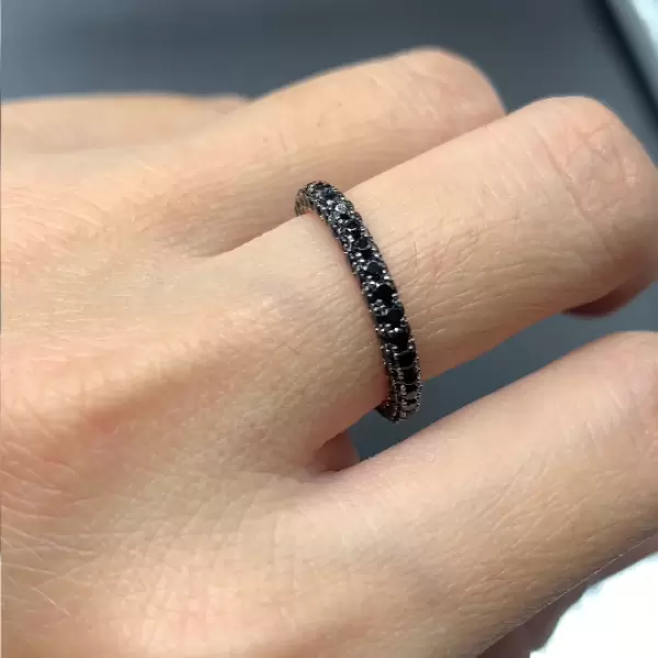 Round Cut Black Sapphire Three Sided Wedding Band