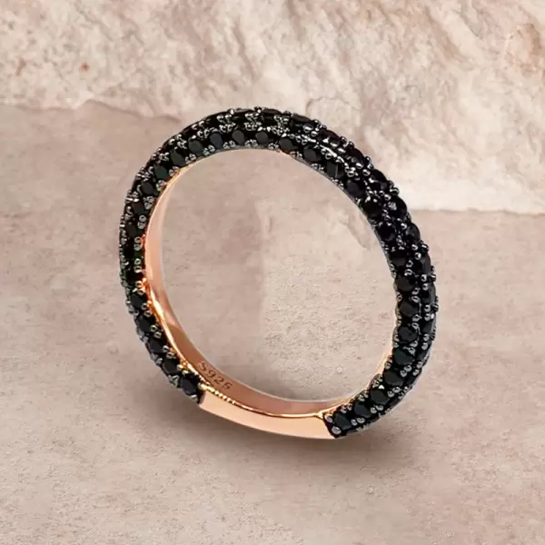 Round Cut Black Sapphire Three Sided Wedding Band