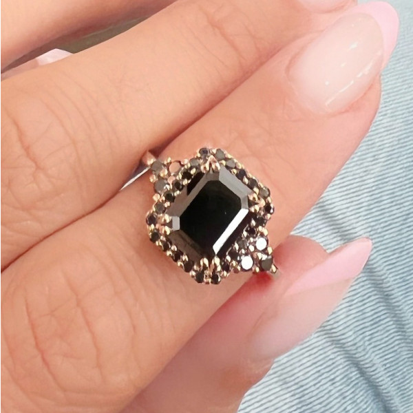 4ct Emerald Cut Black Sapphire Halo Engagement Ring