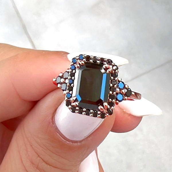 4ct Emerald Cut Black Sapphire Halo Engagement Ring