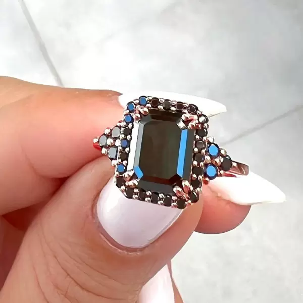 4ct Emerald Cut Black Sapphire Halo Engagement Ring