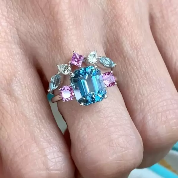 6ct Emerald Cut Aquamarine Multicolor Sapphire Wedding Ring Set