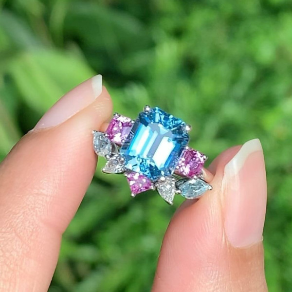 6ct Emerald Cut Aquamarine Multicolor Sapphire Wedding Ring Set