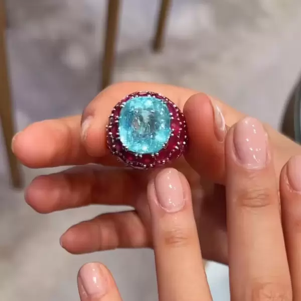 12ct Cushion Cut Paraiba Tourmaline and Ruby Cocktail Ring