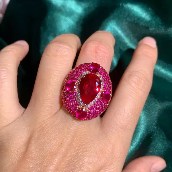 5.8ct Oval Cut Ruby Allover Paved Vintage Cocktail Ring