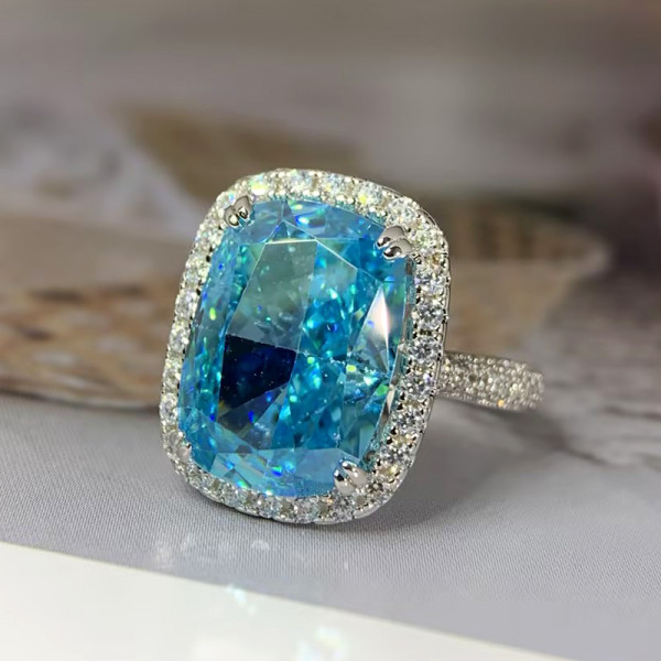 8ct Cushion Cut Blue Sapphire Halo Paved Cocktail Ring