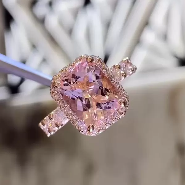 6ct Cushion Cut Morganite Pink Sapphire Halo Engagement Ring