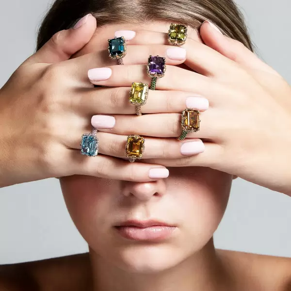 8ct Emerald Cut Multicolor Sapphire Paved Cocktail Ring