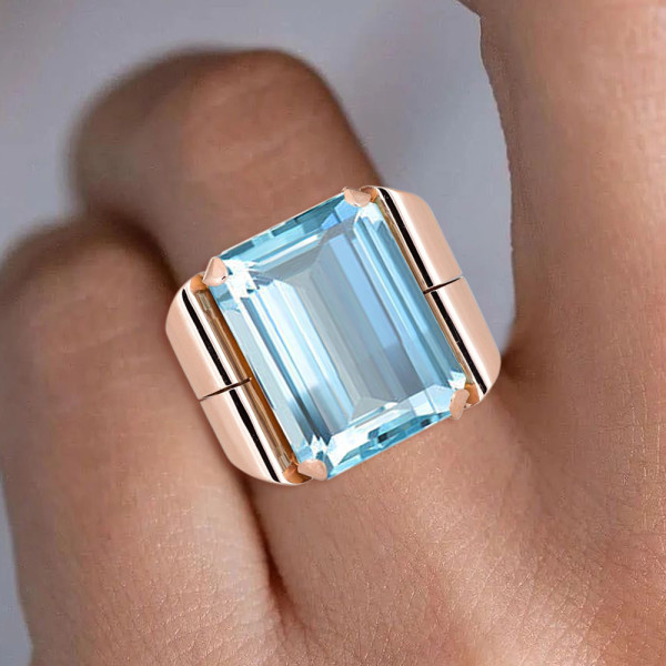 20ct Emerald Cut Aquamarine Bold Vintage Cocktail Ring