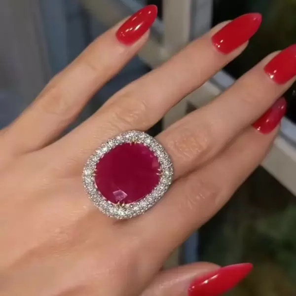 8.2ct Cushion Cut Ruby Paved Halo Cocktail Ring