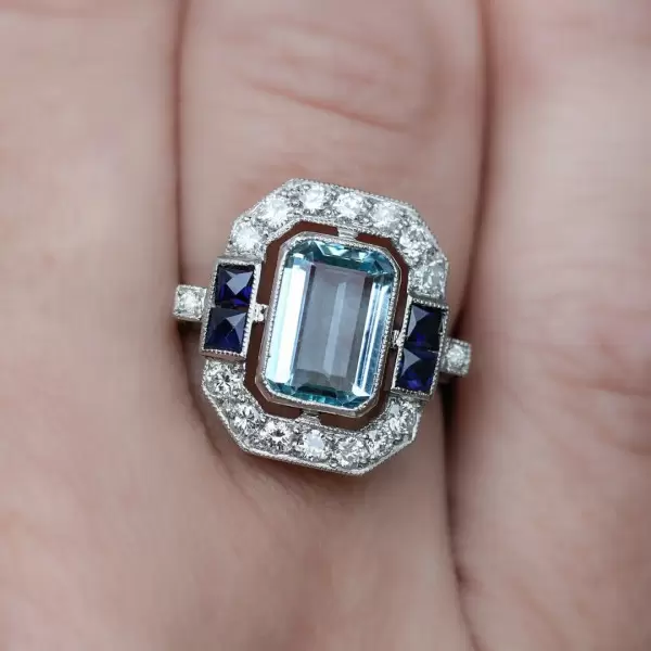 4ct Emerald Cut Aquamarine Art-deco Cocktail Ring