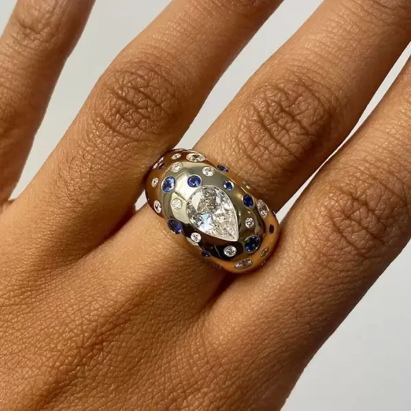 3ct Pear Cut Flush Set White and Blue Chunky Cocktail Ring