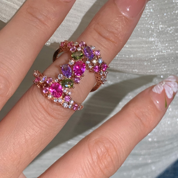 Ruby and Multicolor Sapphire Cluster Cocktail Ring