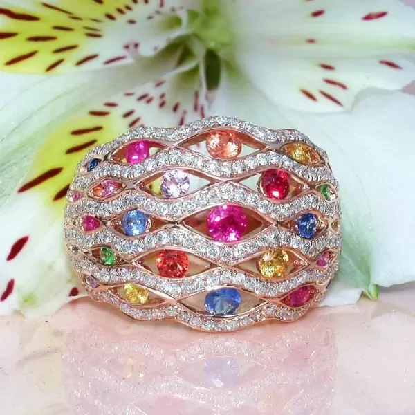 Round Cut Multicolor Sapphire Rainbow Cocktail Ring