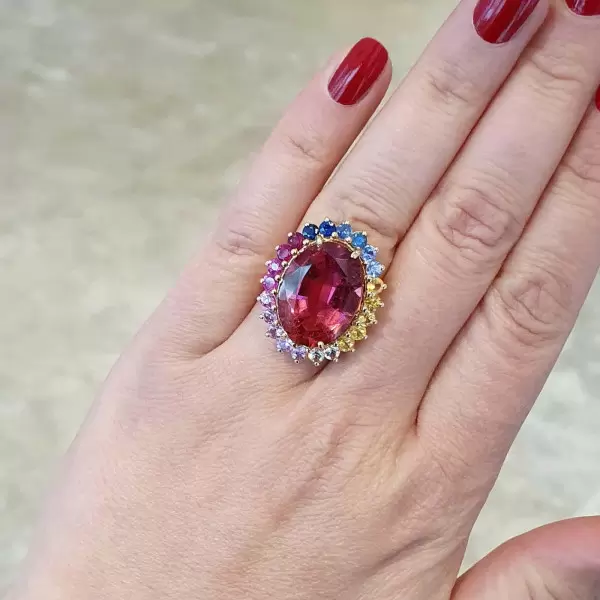 13ct Oval Cut Ruby Rainbow Halo Cocktail Ring