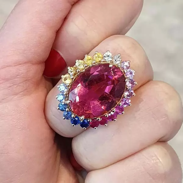 13ct Oval Cut Ruby Rainbow Halo Cocktail Ring