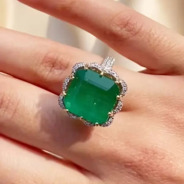 9.5ct Asscher Cut Emerald Paved Cocktail Ring