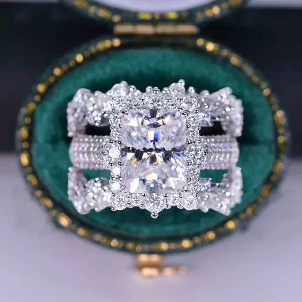 4ct Radiant Cut Three-Pieces Vintage Lace Wedding Ring Set