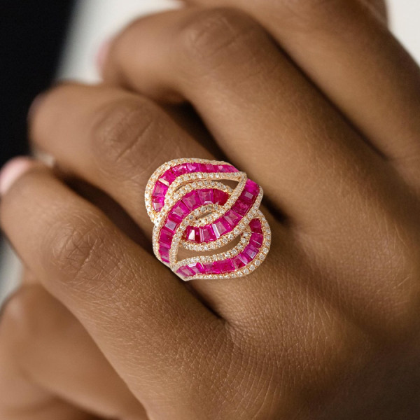 4ctw Baguette Cut Ruby Bypass Cocktail Ring