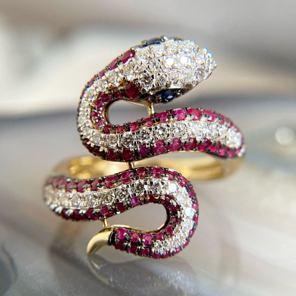 3ctw Ruby and White Sapphire Three Tone Snake Cocktail Ring