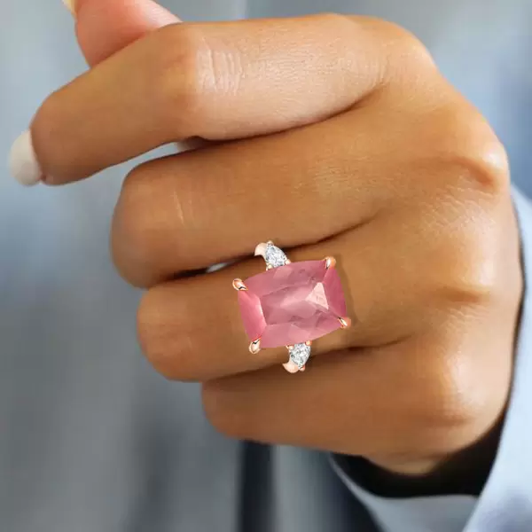 8ct Cushion Cut Dark Pink Quartz Three Stone Cocktail Ring