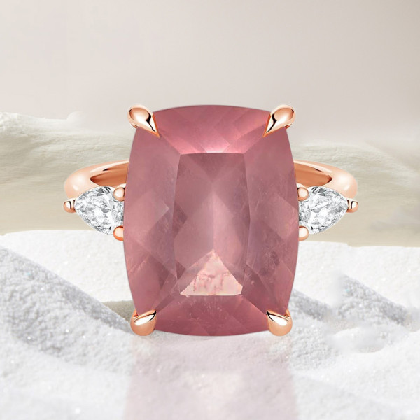 8ct Cushion Cut Dark Pink Quartz Three Stone Cocktail Ring