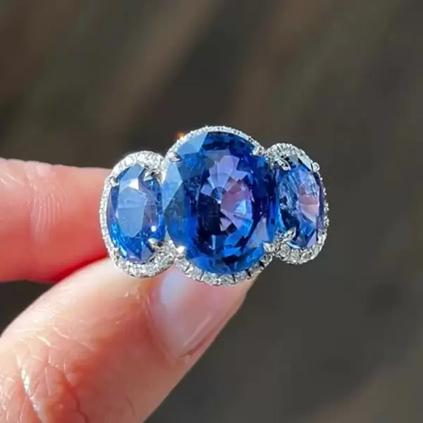 8ctw Oval Cut Blue Sapphire Halo Three Stone Engagemnet Ring