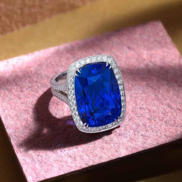 16ct Cushion Cut Blue Sapphire Halo Cocktail Ring