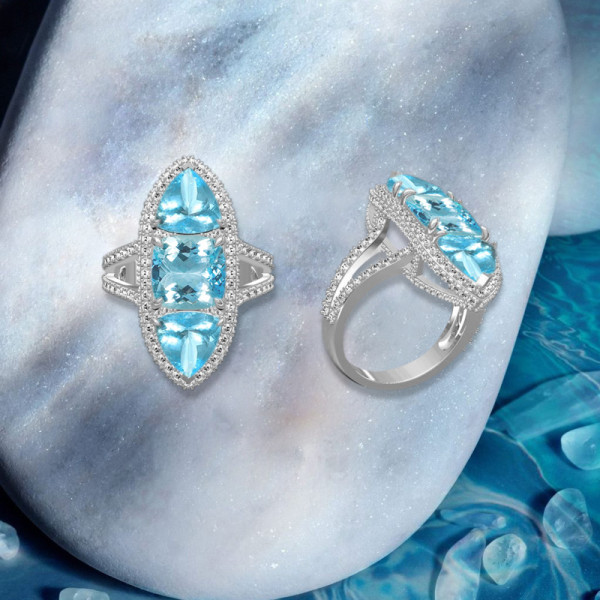 16ctw Cushion and Trillion Cut Aquamarine Cocktail Ring