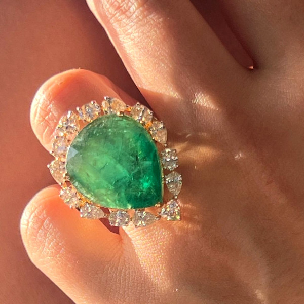 20ct Huge Pear Shape Emerald Halo Cocktail Ring