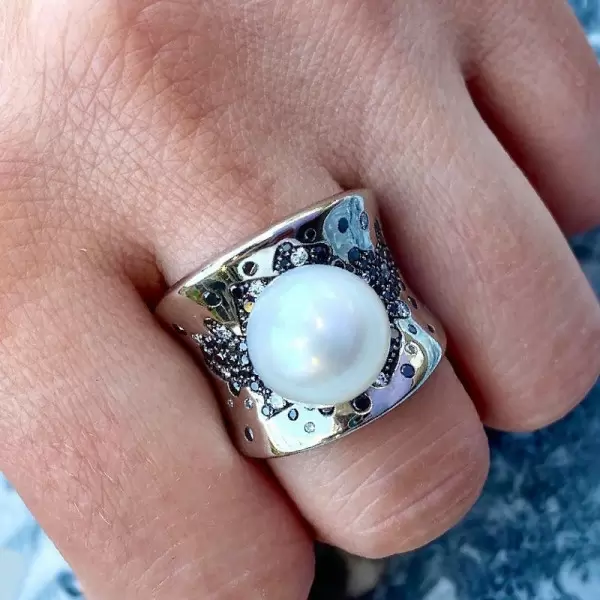 14MM Pearl Wide Cigar Band Modern Statement Ring