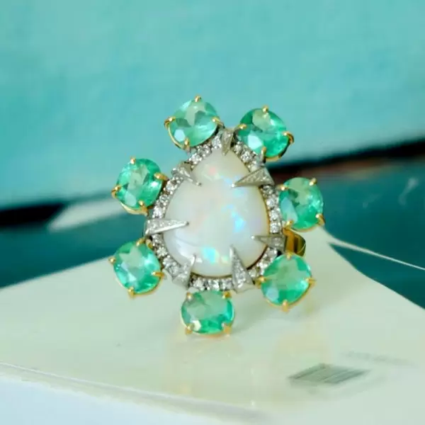 5ct Pear-shaped Opal Emerald Halo Cocktail Ring