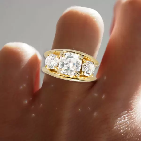 5.6ct Cushion Cut Gold Tone Three Stone Engagement Ring