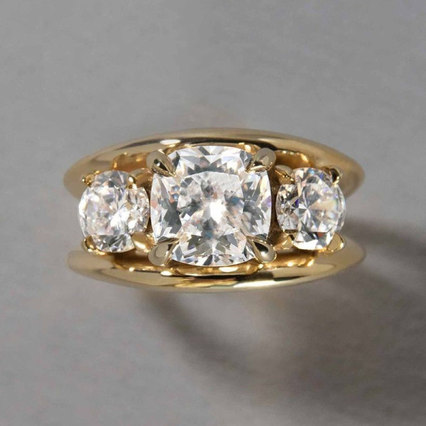 5.6ct Cushion Cut Gold Tone Three Stone Engagement Ring