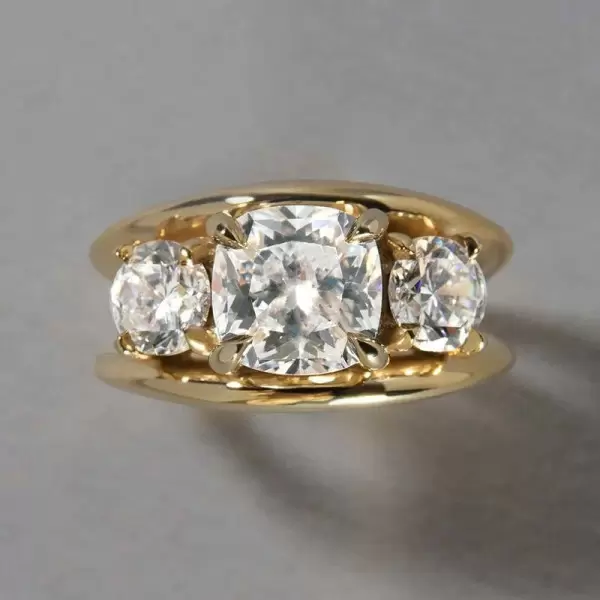 5.6ct Cushion Cut Gold Tone Three Stone Engagement Ring
