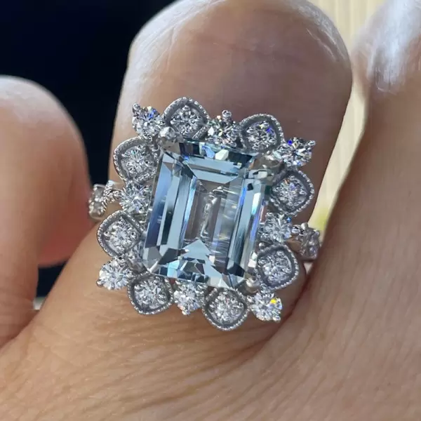 5ct Emerald Cut Aquamarine Vintage Halo Cocktail Ring