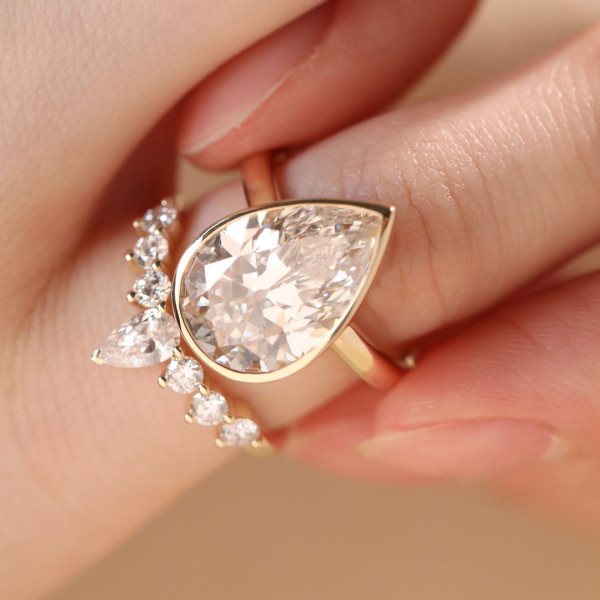 5.7ct Bezel Set Pear Cut Gold Tone Wedding Ring Set