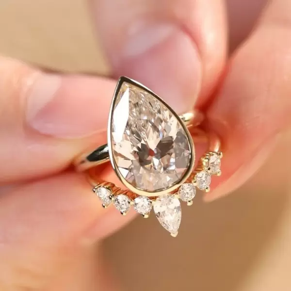 5.7ct Bezel Set Pear Cut Gold Tone Wedding Ring Set