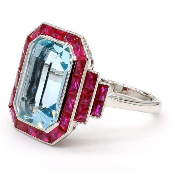 14ct Emerald Cut Aquamarine Ruby Halo Cocktail Ring