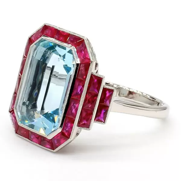 14ct Emerald Cut Aquamarine Ruby Halo Cocktail Ring