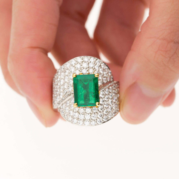 4ct Emerald Cut Emerald Paved Bypass Cocktail Ring