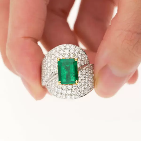 4ct Emerald Cut Emerald Paved Bypass Cocktail Ring