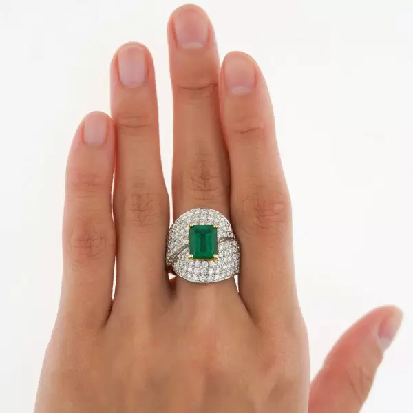 4ct Emerald Cut Emerald Paved Bypass Cocktail Ring