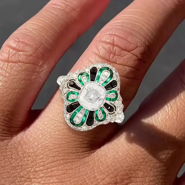 2ct Cushion Cut Emerald Halo Vintage Cocktail Ring
