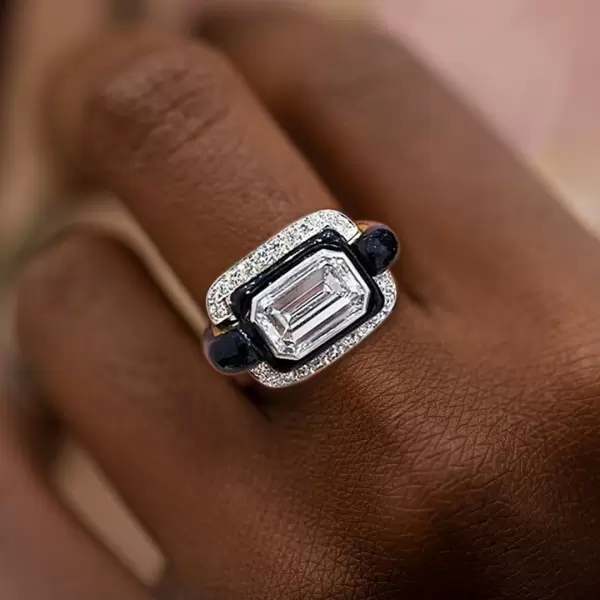 5.3ct Emerald Cut White Sapphire Enamel Cocktail Ring