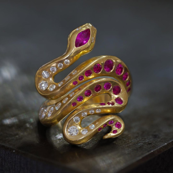 4ctw Flush Set White Sapphire and Ruby Snake Cocktail Ring