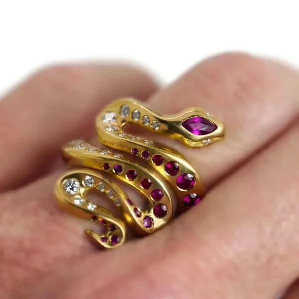 4ctw Flush Set White Sapphire and Ruby Snake Cocktail Ring